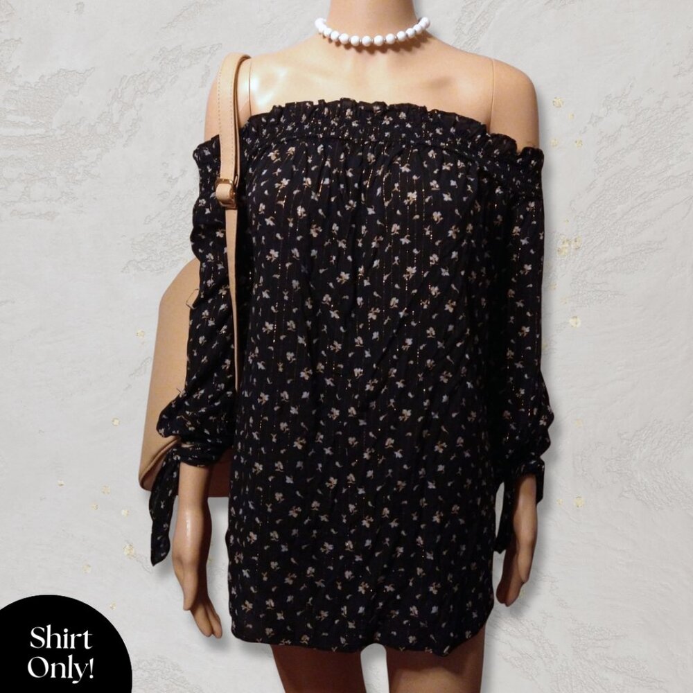 Michael Kors Black Off-Shoulder Floral Blouse – Metallic Gold Stripes Size 2X